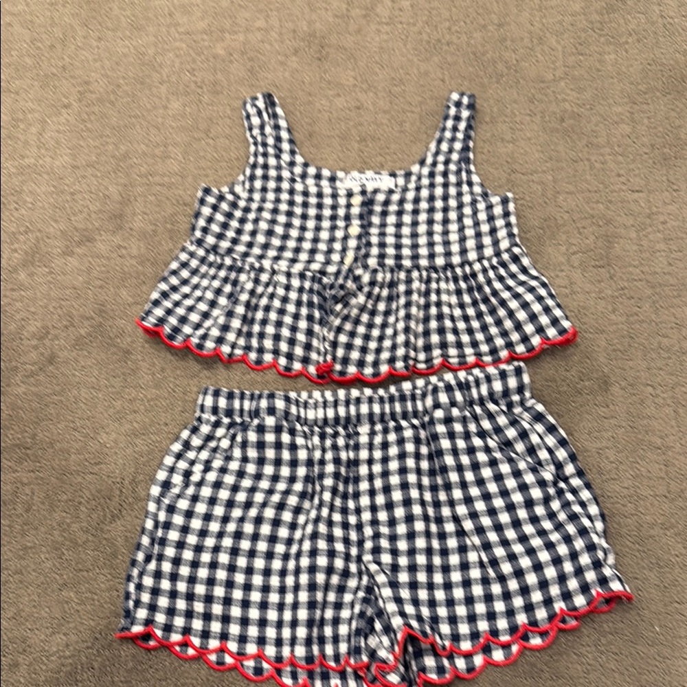 Kids Blue and White Gingham Set with Red Trim